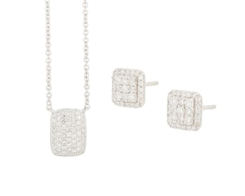 A White Gold and Diamond Necklace and Sterling Silver and Diamond Earrings