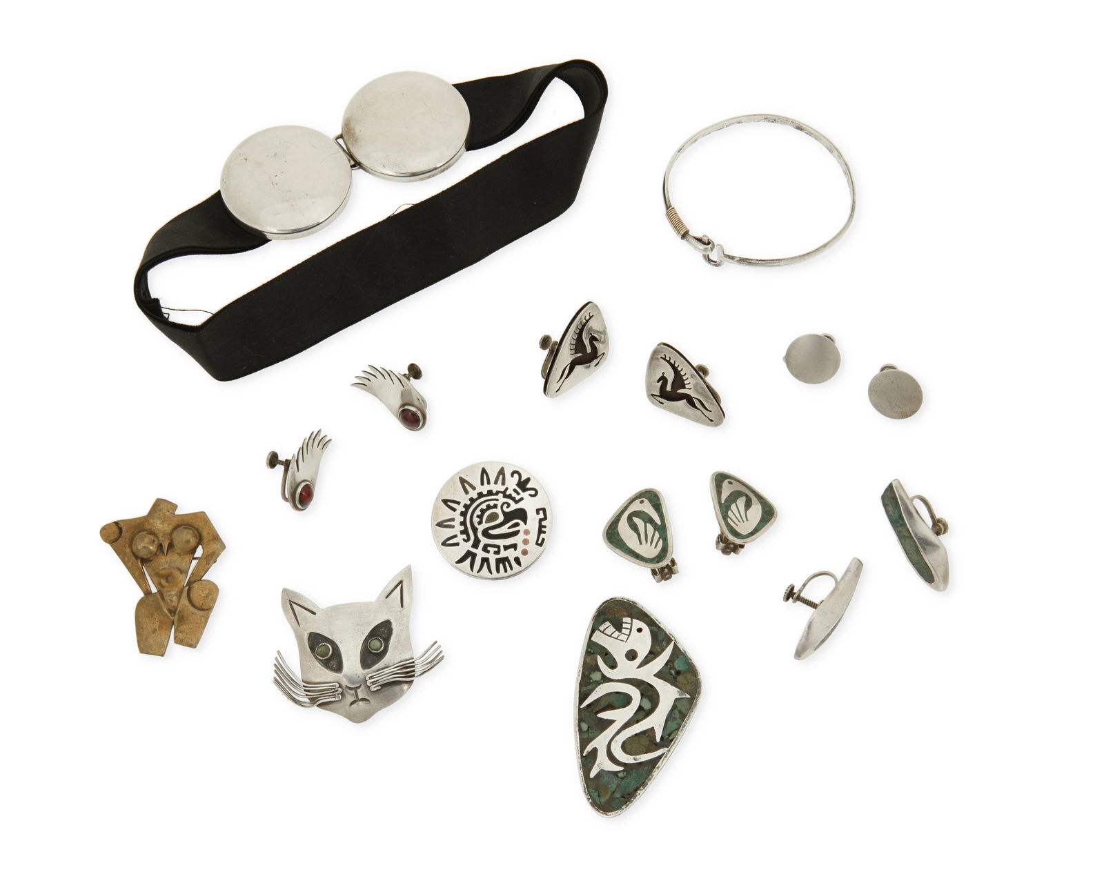 A Group of Silver and Mixed Metal Jewelry: A Group of Silver and Mixed Metal JewelryMid/late 20th centuryMost variously marked for maker, for Mexico and for sterling; further variously marked: [Eagle 3]Ten works in sterling silver and mixed me