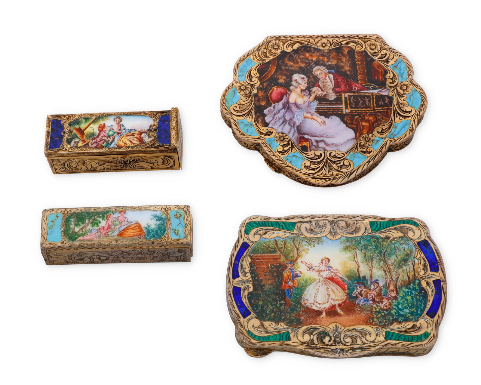 A Group of Continental Silver and Vermeil Vanity Accessories: A Group of Continental Silver and Vermeil Vanity AccessoriesComprising two chased vermeil silver powder compacts and two lidded lipstick cases, each featuring colored enamel and painted pastoral and r