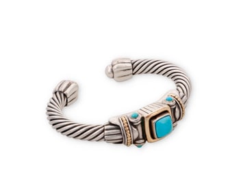 Samuel Benham: A Sterling Silver, 14K Gold and Turquoise Cuff Bracelet
