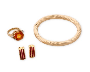 A Group of Gold, Citrine and Ruby Jewelry