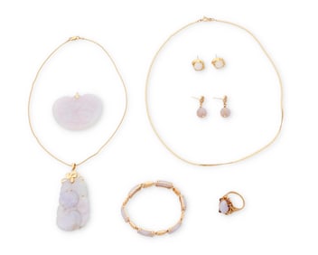 A Group of Gold and Lavender Jade Jewelry