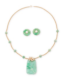 A 14K Gold, Jade and Cultured Pearl Necklace and Pair of Ear Clips