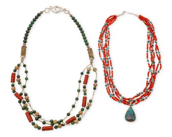 Two Hardstone and Gold Necklaces