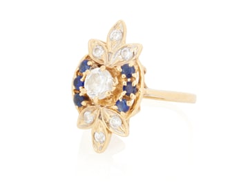 An 14K Gold, Diamond, Colorless Stone and Sapphire Ring