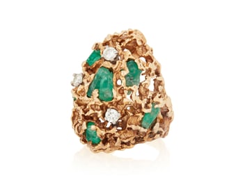 A 14K Gold, Emerald and Diamond Ring