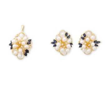 A 14K Gold, Freshwater Pearl and Sapphire Set