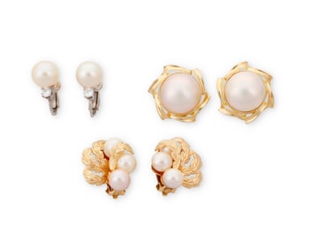 Three Pairs of Gold and Cultured Pearl Ear Clips