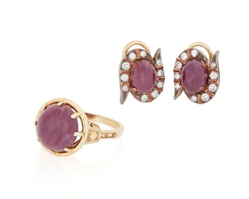 A Ruby and Diamond Ring and Earring Set