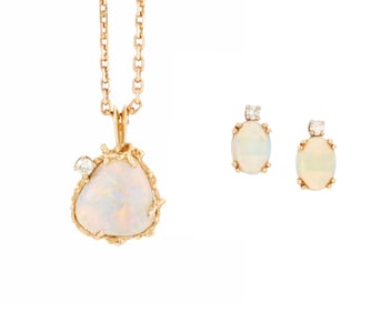 A Gold, Opal and Diamond Necklace and Earring Set