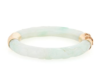 A 14K Gold and Jade Bangle