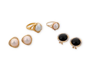 A Group of Gold, Cultured Pearl and Onyx Jewelry