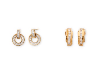 Two Pairs of Gold and Diamond Earrings