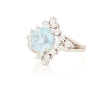 A 14K White Gold, Aquamarine and Diamond Ring
