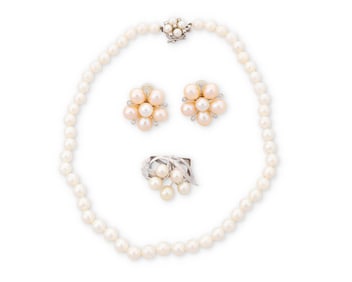 A Group of White Gold and Cultured Pearl Jewelry