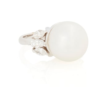 An 18K White Gold, Cultured Pearl and Diamond Ring