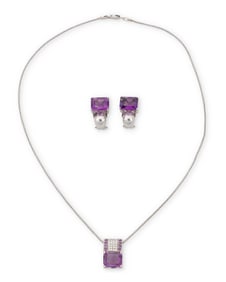 An 18K White Gold, Amethyst and Diamond Necklace and Earring Set