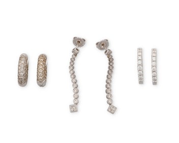 A Group of Three Pairs of 18K White Gold and Diamond Earrings