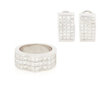 An 18K White Gold and Diamond Ring and Earring Set