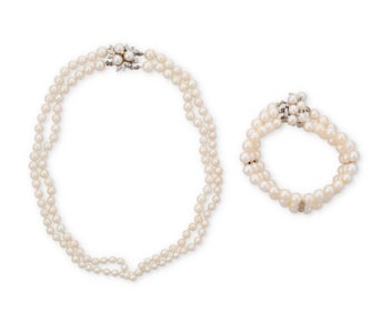 A White Gold, Cultured Pearl and Diamond Necklace and Bracelet