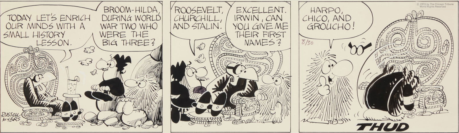 Russell Myers (b. 1938), One three-frame comic strip drawing for the "Broom Hilda" series, 1974 (1 of 6)