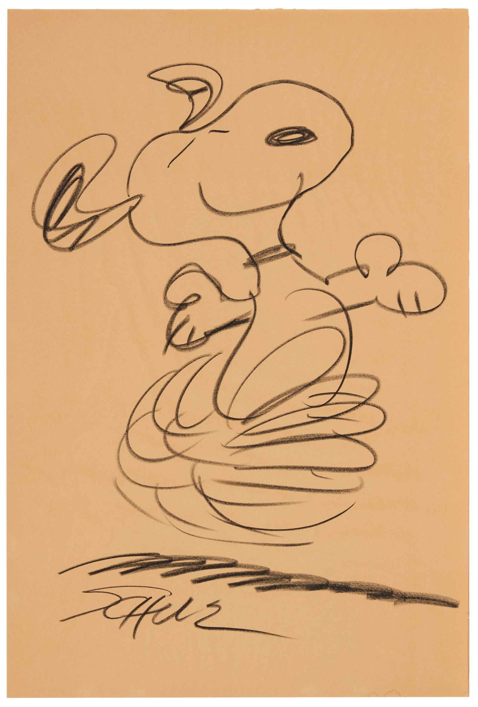 Charles Schulz (1922-2000), Snoopy dancing: Charles Schulz(1922-2000)Snoopy dancingGrease pencil on thin, beige, wove paperSigned lower left: SchulzSheet: 36" H x 24" W
