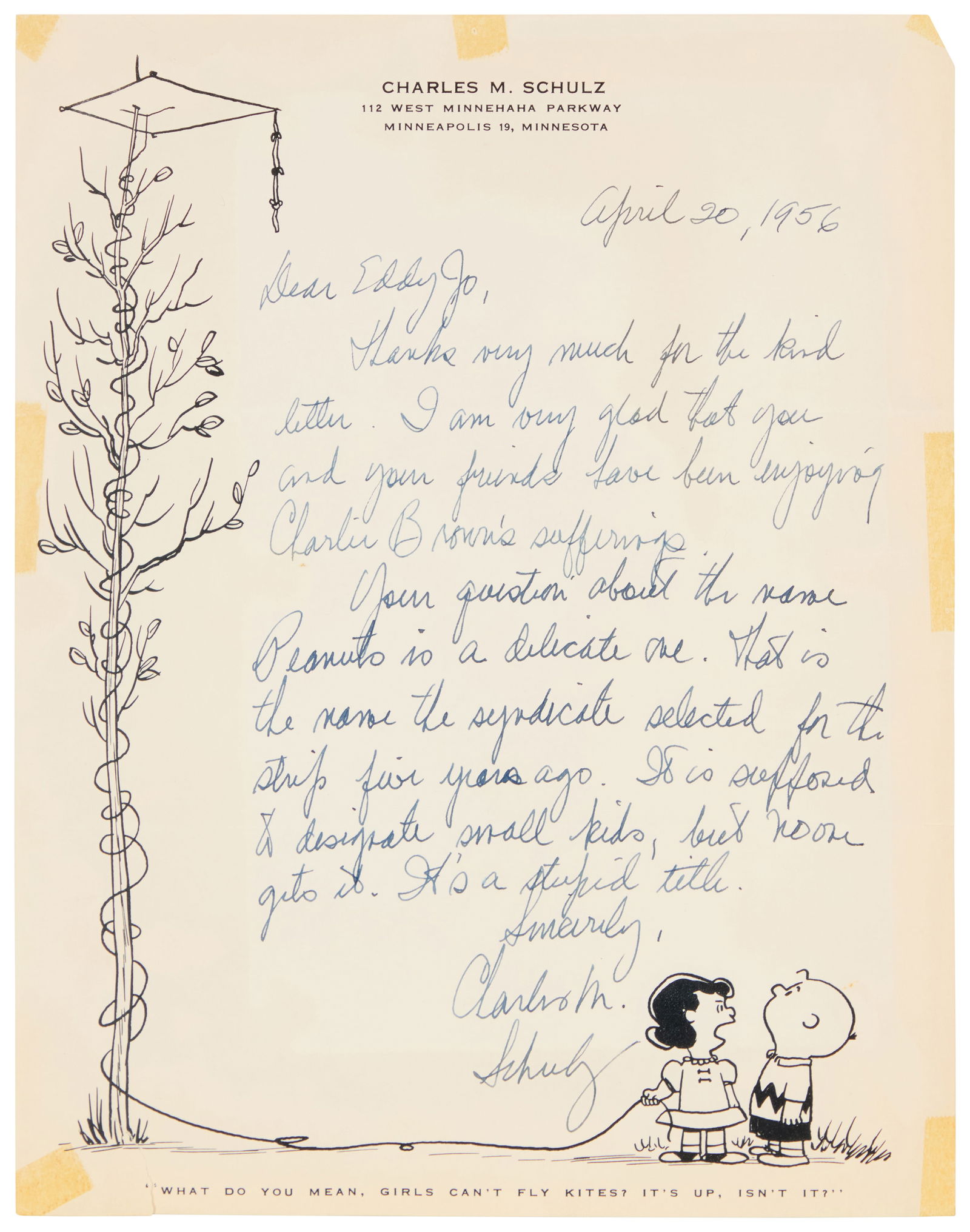 Charles Schulz (1922-2000), "Peanuts" branding-related handwritten letter on early cartoon (1 of 4)