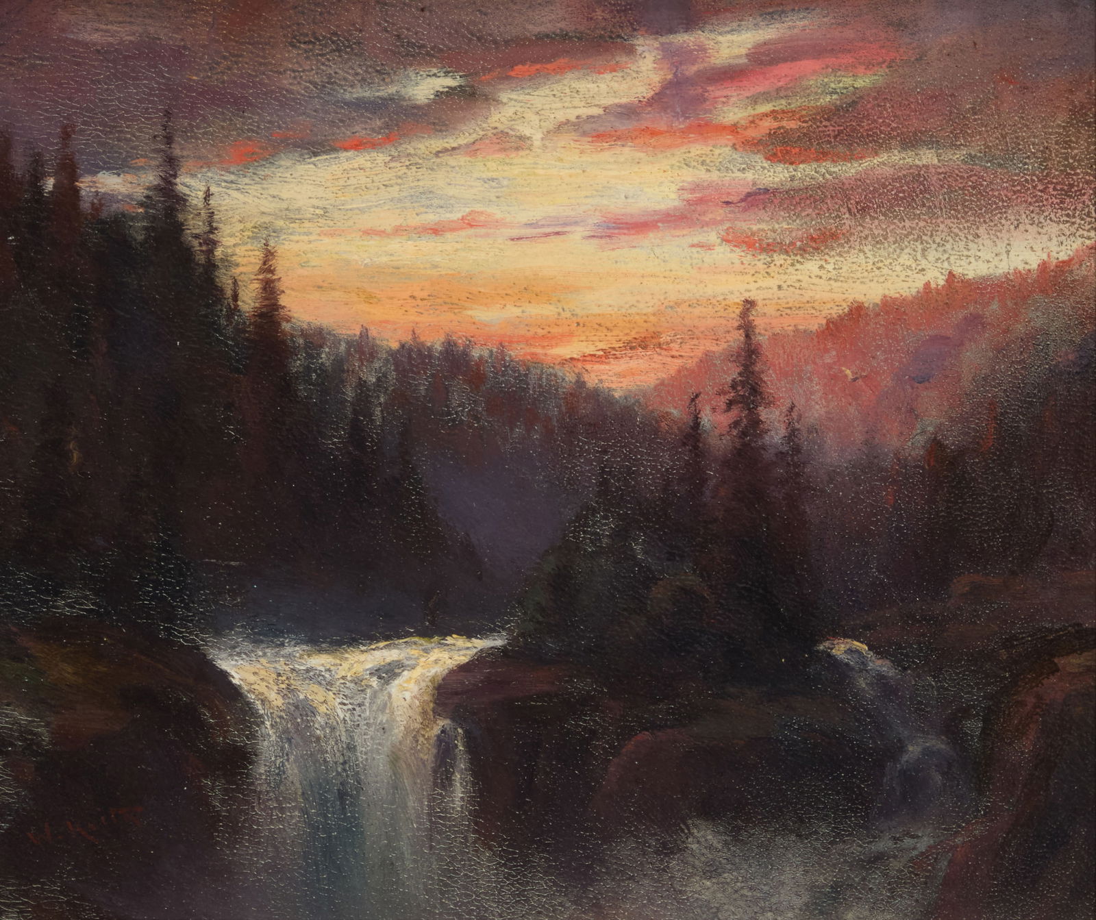 William Keith (1838-1911), Waterfall at sunset: William Keith(1838-1911)Waterfall at sunsetOil on academy boardSigned lower left: W. Keith11.125" H x 13.5" W
