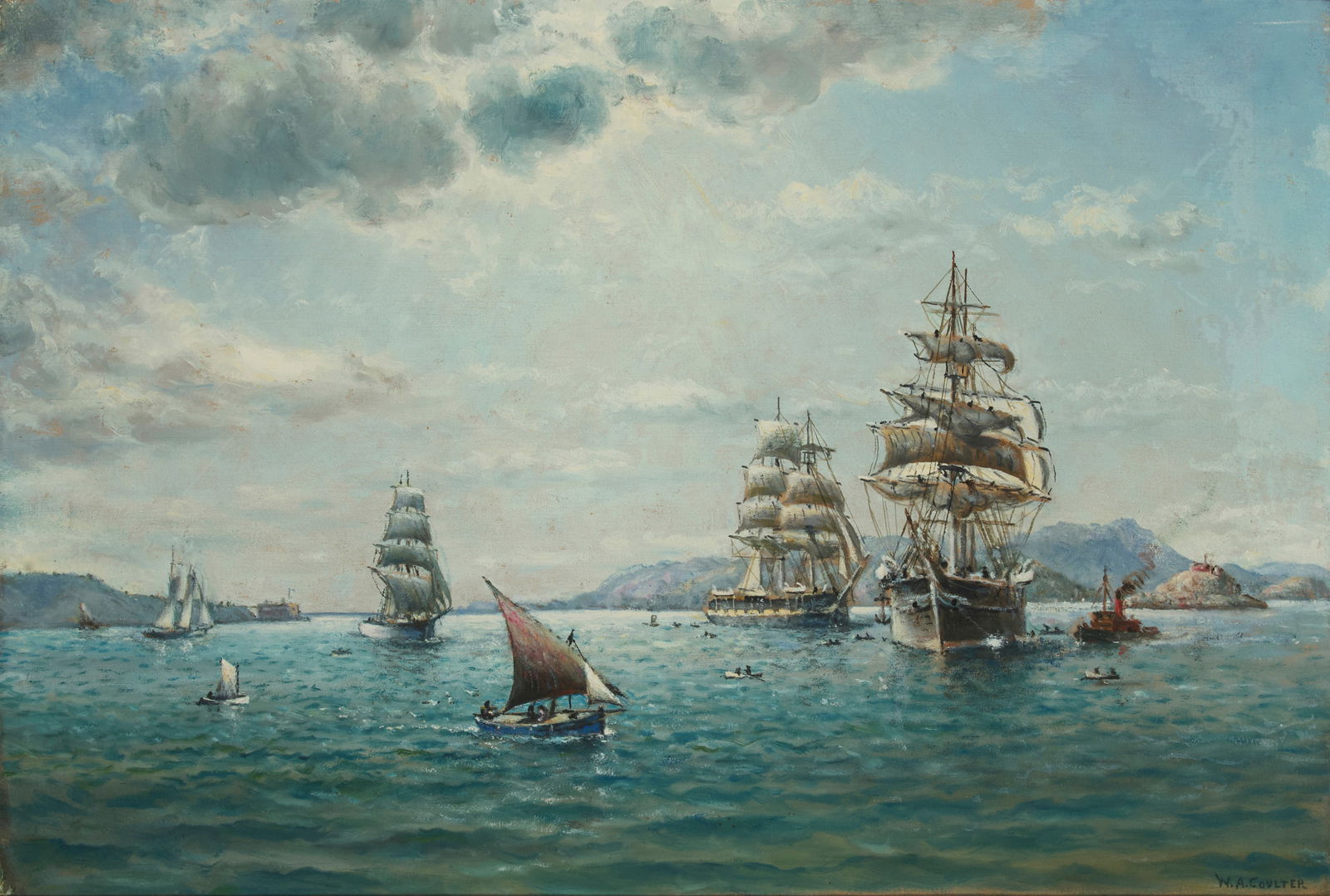 William Alexander Coulter (1849-1936), "Windjammers and other commercial sail in the San Francisco: William Alexander Coulter(1849-1936)"Windjammers and other commercial sail in the San Francisco Bay"Oil on canvasSigned lower right: W.A. Coulter; titled by repute19.5" H x 28.75" W Provenance:<