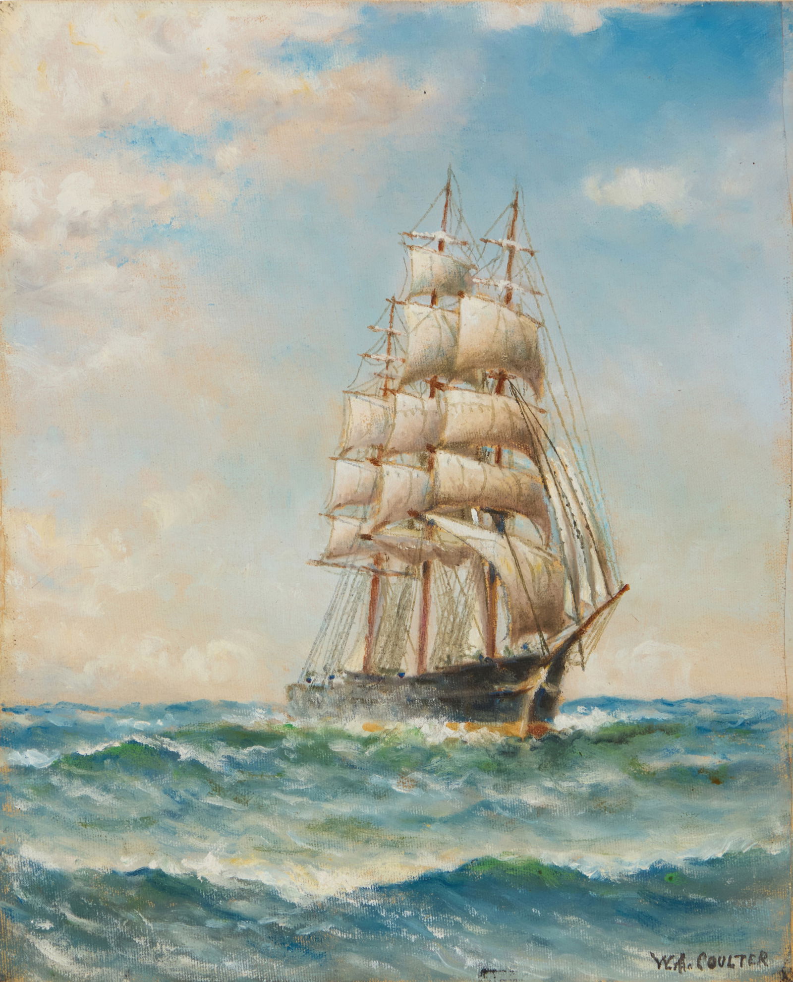 William Alexander Coulter (1849-1936), Clipper ship on medium seas: William Alexander Coulter(1849-1936)Clipper ship on medium seasOil on canvas laid to board as issuedSigned lower right: W. A. Coulter13.75" H x 11" W Provenance:Private collection, Los Oli