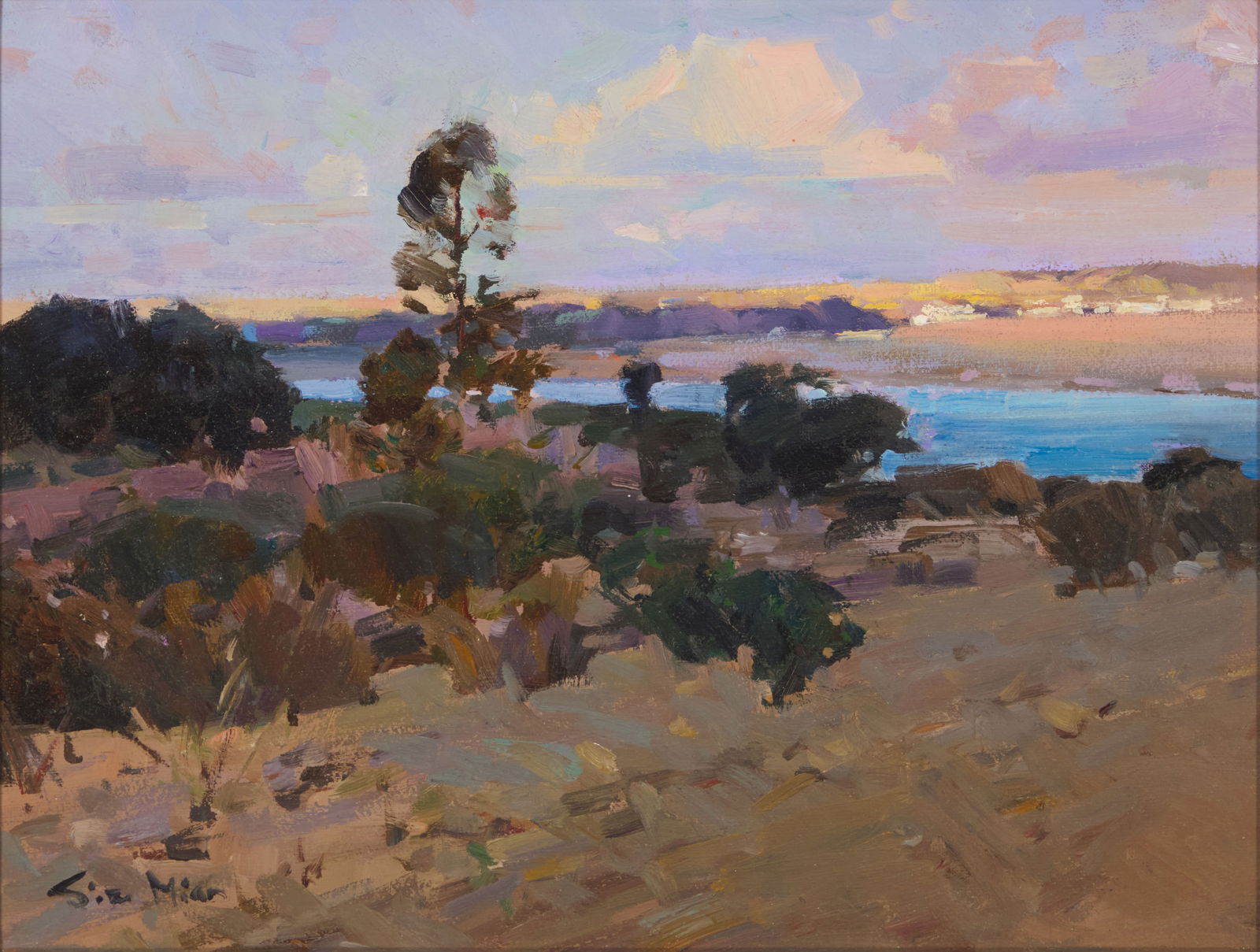 Mian Situ (b. 1953), "Back Bay" (Newport Beach), 1999: Mian Situ(b. 1953)"Back Bay" (Newport Beach), 1999Oil on canvasSigned lower left: Situ Mian; titled and dated "6-16 99" in pencil, verso9" H x 12" W