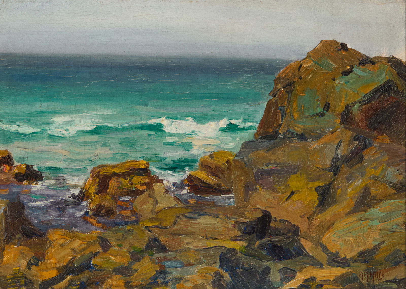 Anna Althea Hills (1882-1930), California coastal: Anna Althea Hills(1882-1930)California coastalOil on canvasSigned lower right: AA Hills10" H x 14" H Provenance:Collection of Stan and Ginnie EschnerOther Notes:This pain