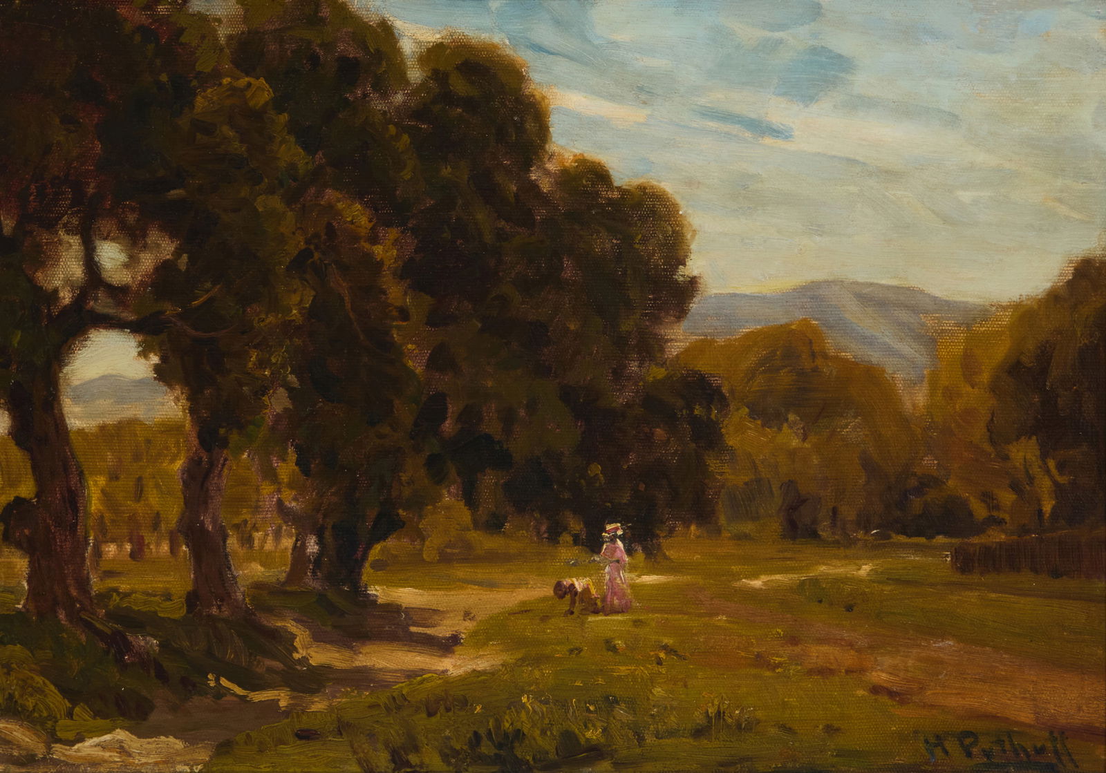 Hanson Duvall Puthuff (1875-1972), Figures walking through a clearing: Hanson Duvall Puthuff(1875-1972)Figures walking through a clearingOil on canvasSigned lower right: H Puthuff14" H x 20" W