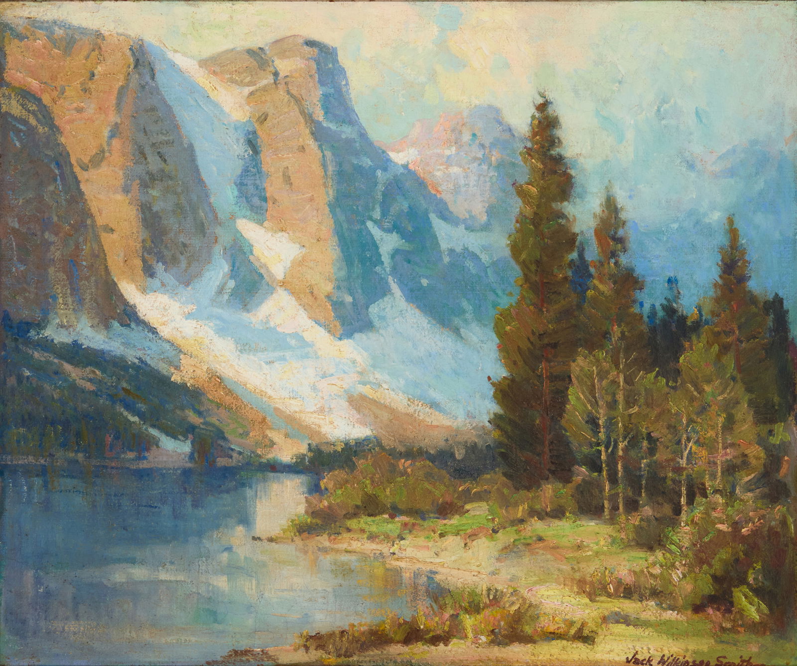 Jack Wilkinson Smith (1873-1949), "Sierra Landscape": Jack Wilkinson Smith(1873-1949)"Sierra Landscape"Oil on canvas laid to MasoniteSigned lower right: Jack Wilkinson Smith; titled by repute20" H x 24" W Provenance:Sold: John Moran Auctionee
