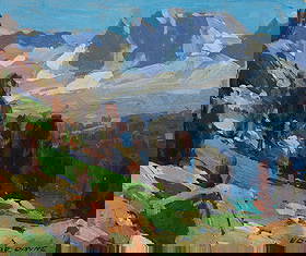 Edgar Alwin Payne (1883-1947), "Mammoth Lake Country, Sierra": Edgar Alwin Payne(1883-1947)"Mammoth Lake Country, Sierra"Oil on canvas laid to boardSigned lower left (trimmed along the lower edge) and lower right: Edgar Payne; inscribed in pencil with the artist'