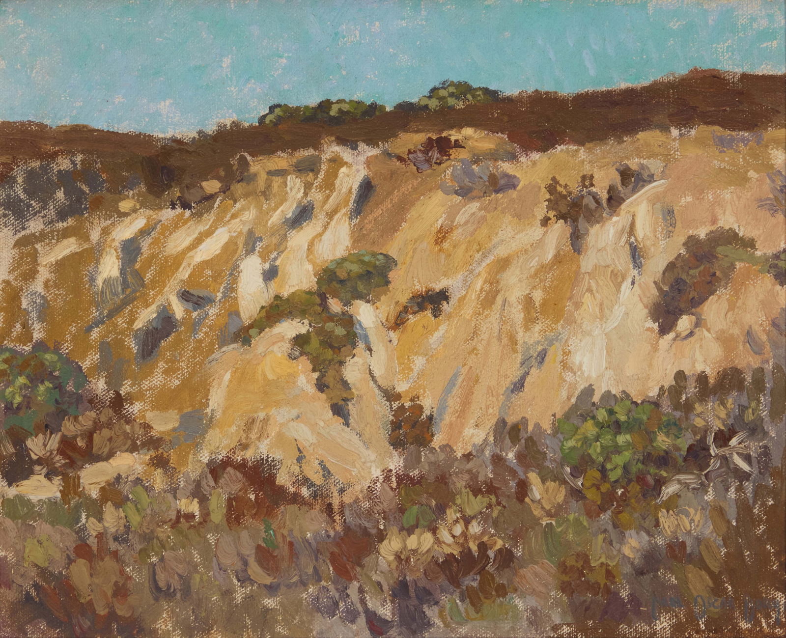 Carl Oscar Borg (1879-1947), Mountain landscape: Carl Oscar Borg(1879-1947)Mountain landscapeOil on canvasSigned lower right: Carl Oscar Borg; with the estate ink stamp, hand-numbered in black ink "4-198," on the stretcher9.5" H x 12" W Proven