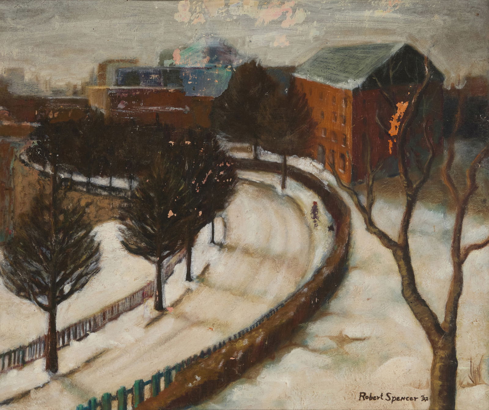 Robert Spencer (1879-1931), Buildings and road through the Delaware River Valley, 1922: Robert Spencer(1879-1931)Buildings and road through the Delaware River Valley, 1922Oil on canvasboardSigned and dated lower right: Robert Spencer '2220" H x 24" W Provenance:Private collec