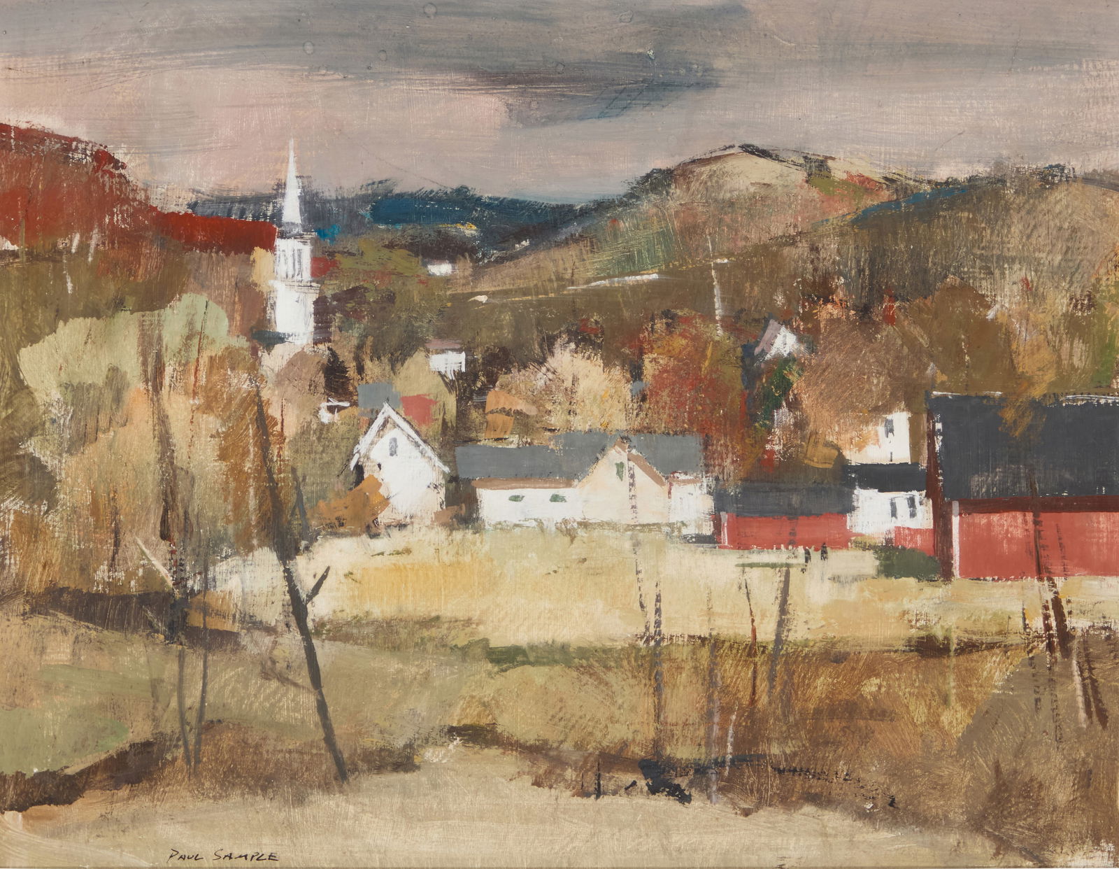 Paul Sample (1896-1974), "N.E. Autumn," 1954: Paul Sample(1896-1974)"N.E. Autumn," 1954Casein tempera on panelSigned lower left: Paul Sample; signed again, dated, and inscribed in ink on a label affixed verso: "View from my pasture - done last ye