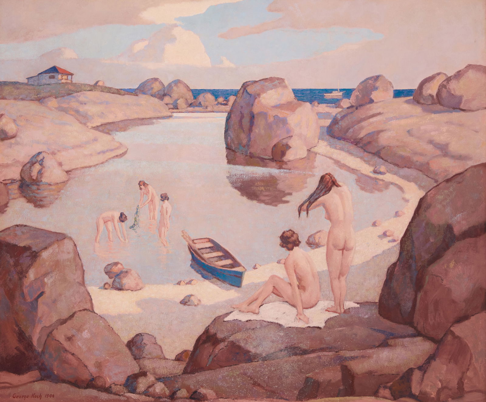 George Joseph Koch (1885-1951), "Pacific Grove bathers," 1944: George Joseph Koch(1885-1951)"Pacific Grove bathers," 1944Oil on MasoniteSigned and dated lower left: George Koch 1944; titled on a string tag attached to the frame's hanging wire25" H x 30" W P