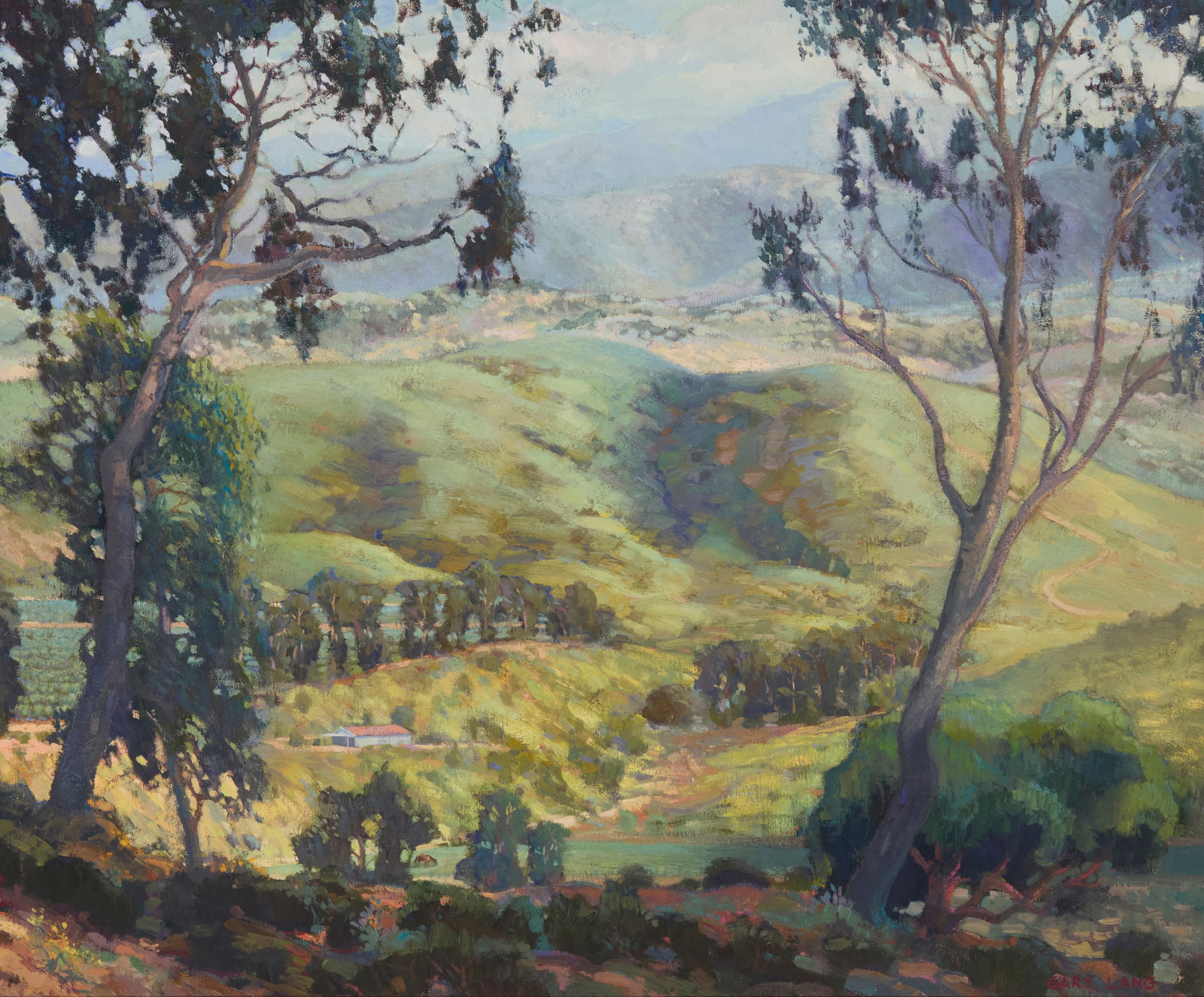 Gary Lang (b. 1960), "April Morning, San Juan Capistrano": Gary Lang(b. 1960)"April Morning, San Juan Capistrano"Oil on MasoniteSigned lower right: Gary Lang; signed again and titled, verso; a small preliminary graphite sketch on paper, initialed by the artis