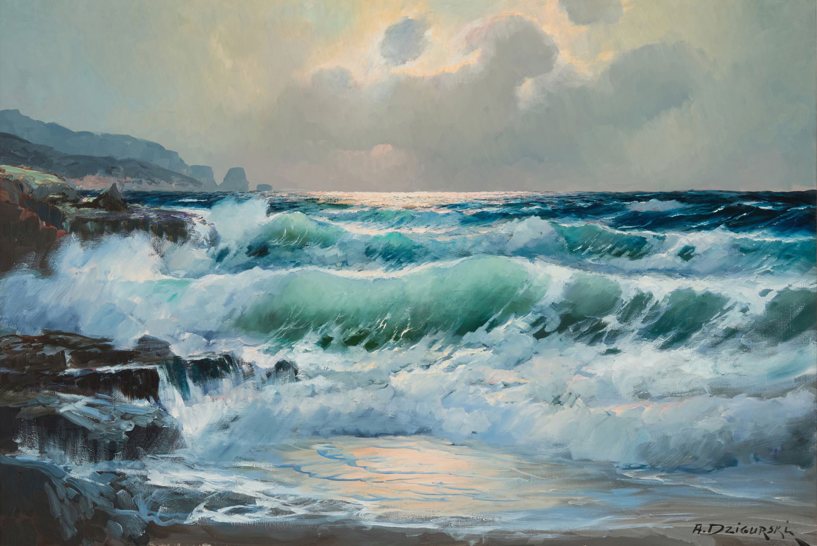 Alexander Dzigurski (1911-1995), Crashing waves along the shoreline: Alexander Dzigurski(1911-1995)Crashing waves along the shorelineOil on canvasSigned lower right: A. Dzigurski; with the artist's black ink copyright stamps, verso24" H x 36" W