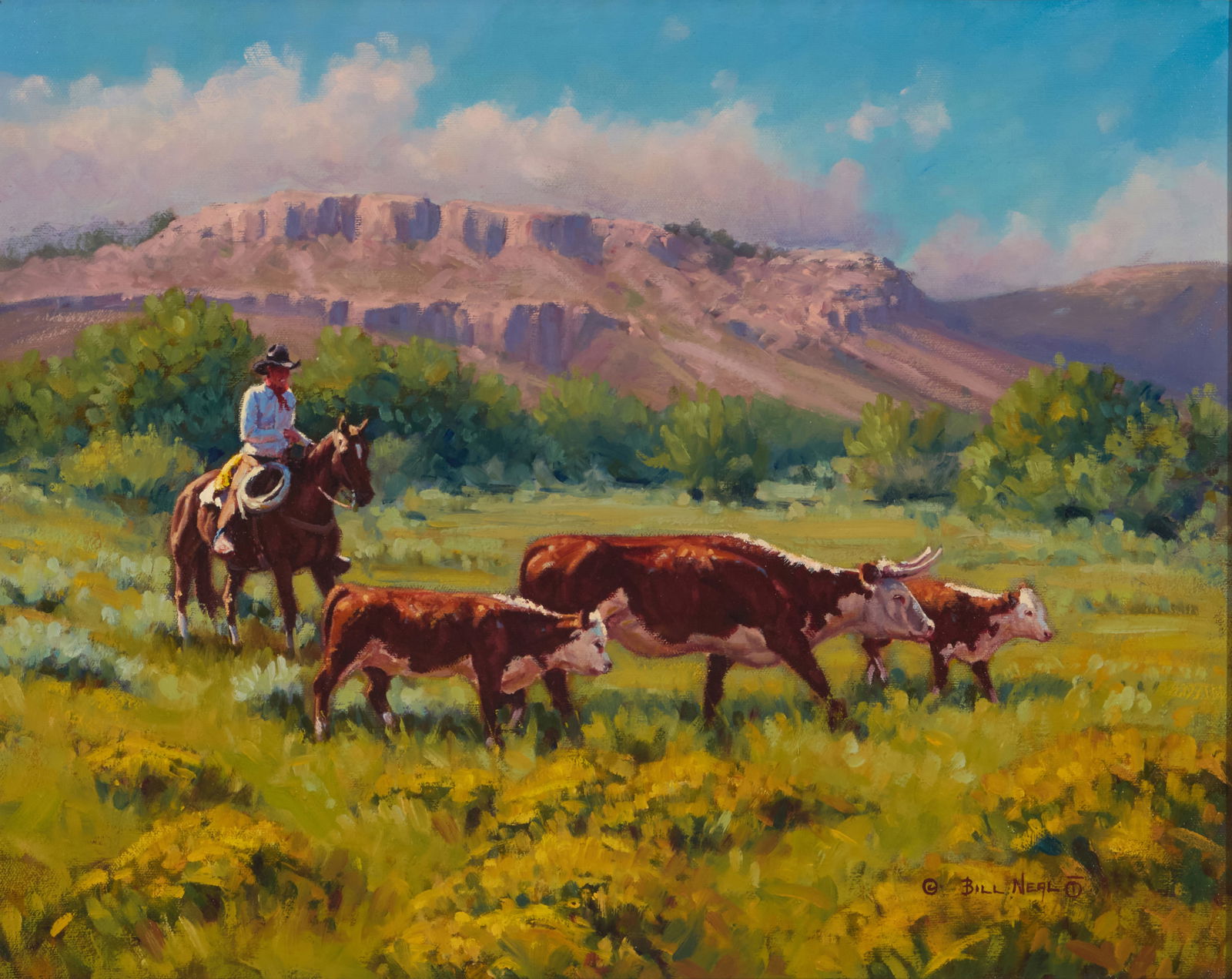 Bill Neal (b. 1942), "An Extra Calf," 1996: Bill Neal(b. 1942)"An Extra Calf," 1996Oil on canvasSigned and with the artist's device lower right: ? Bill Neal; signed again, titled, and dated, all verso16" H x 20" W Provenance:The Sch