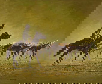 John Stanford (b. 1947), Mounted cowboy herding longhorns