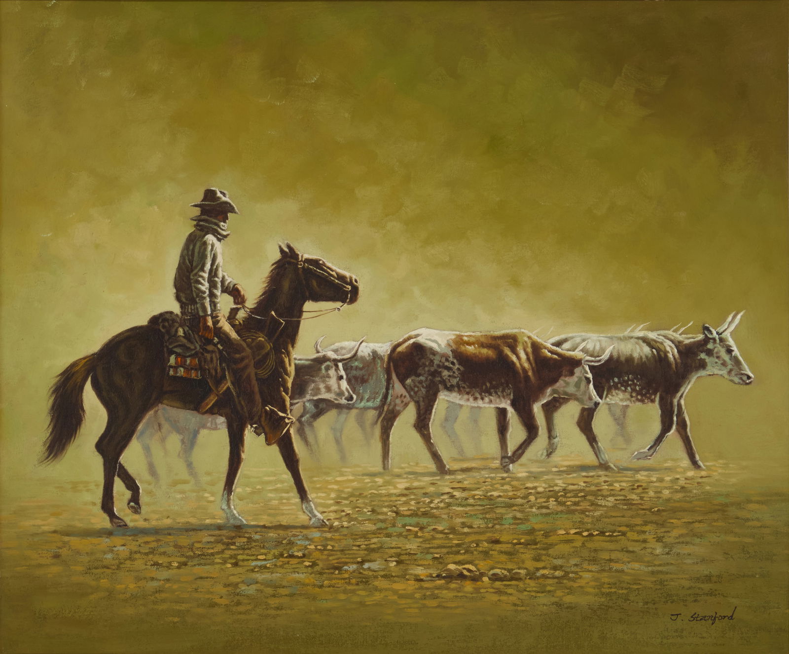 John Stanford (b. 1947), Mounted cowboy herding longhorns (1 of 5)