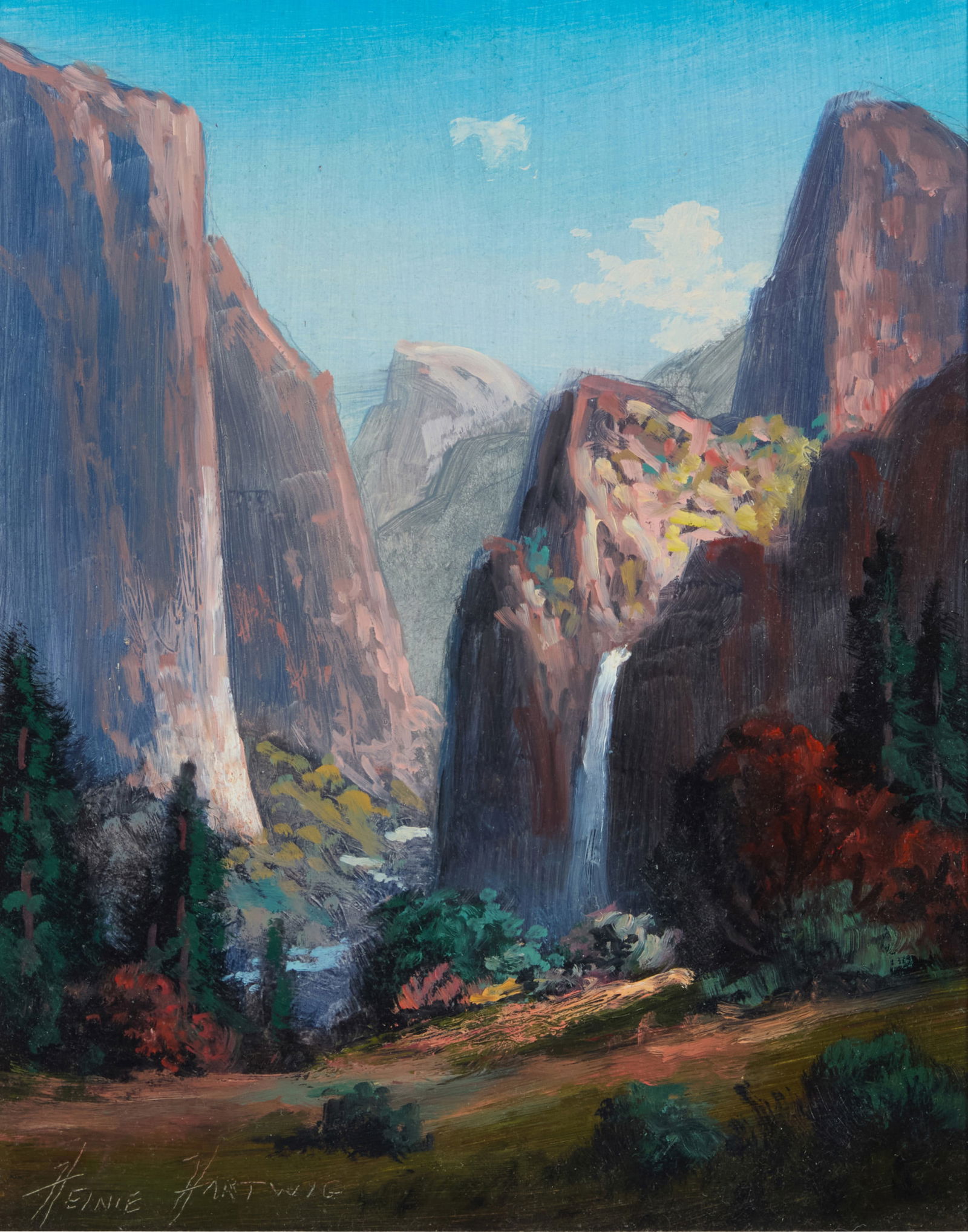 Heinie Hartwig (b. 1937), "Yosemite View": Heinie Hartwig(b. 1937)"Yosemite View"Oil on MasoniteWith the incised signature lower left: Heinie Hartwig; titled verso9" H x 7" W