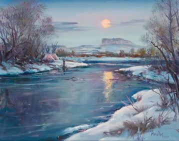 Hulan Fleming (b. 1933), Moonlit river with teepees beneath a flat-topped mountain, 2002