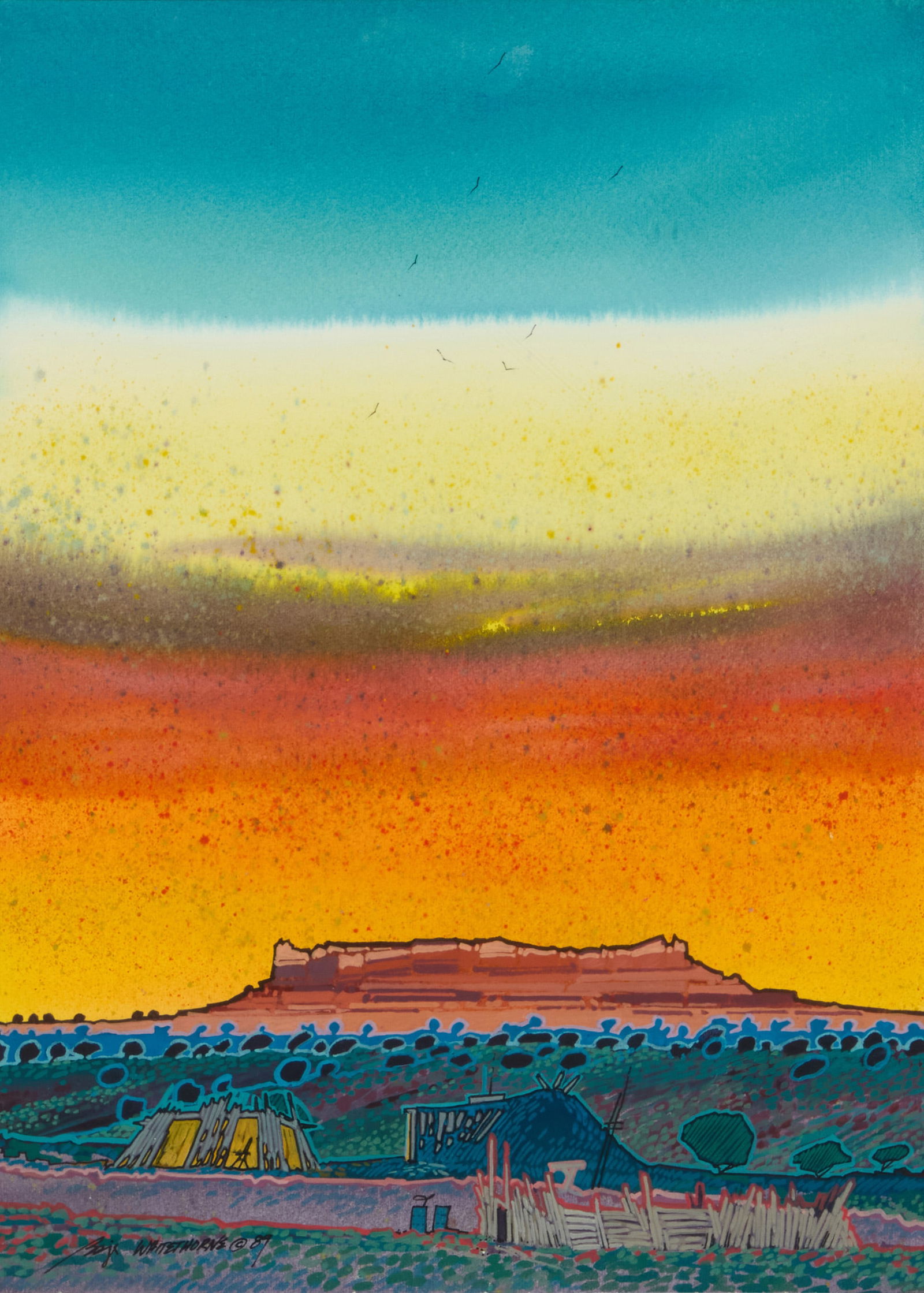 Baje Whitethorne (1951-2023, Dine/Navajo), "Middle Mesa," 1989-90: Baje Whitethorne(1951-2023, Dine/Navajo)"Middle Mesa," 1989-90Watercolor and ink on paperSigned and dated lower left: Baje Whitethorne ? 89; signed again, titled, and dated 1990 in blue ink on the fra