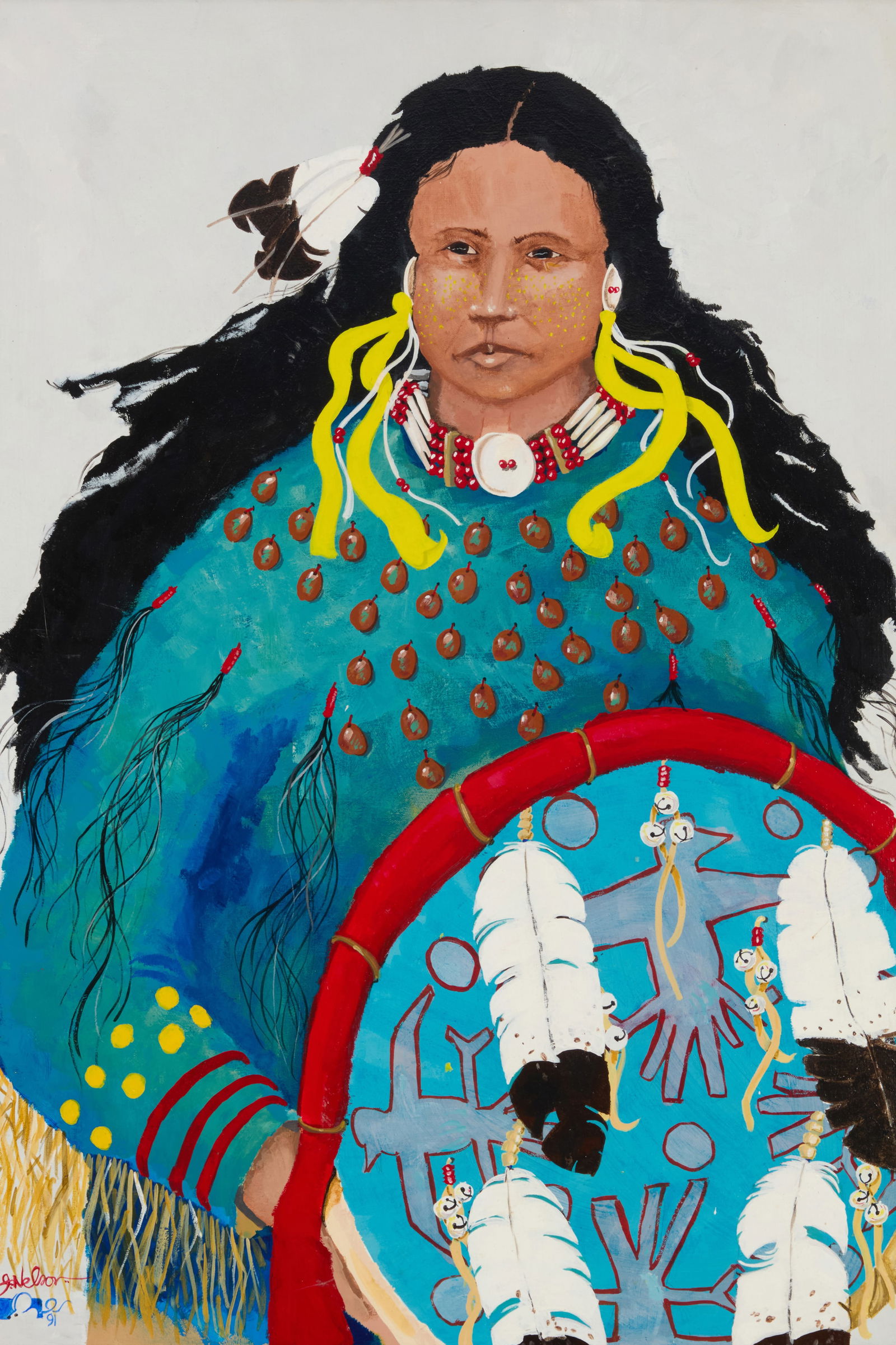 Jim Nelson (1943-2022), "Keeper of the Shield," 1991: Jim Nelson(1943-2022)"Keeper of the Shield," 1991Acrylic on canvasSigned, dated, and with the artist's mouse device lower left: J. Nelson / 91; titled, dated, and inscribed, all verso: "A Ghost Shield