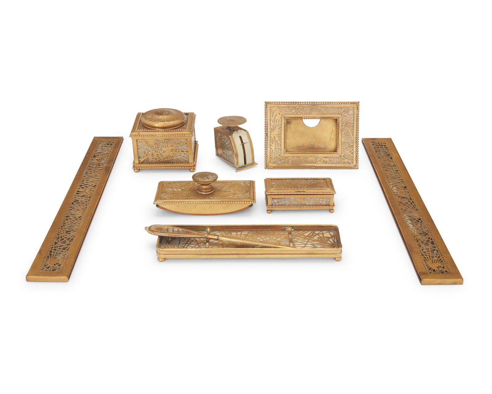 A Tiffany Studios gilt-brass and slag glass 'Pine Needle' desk set (1 of 12)