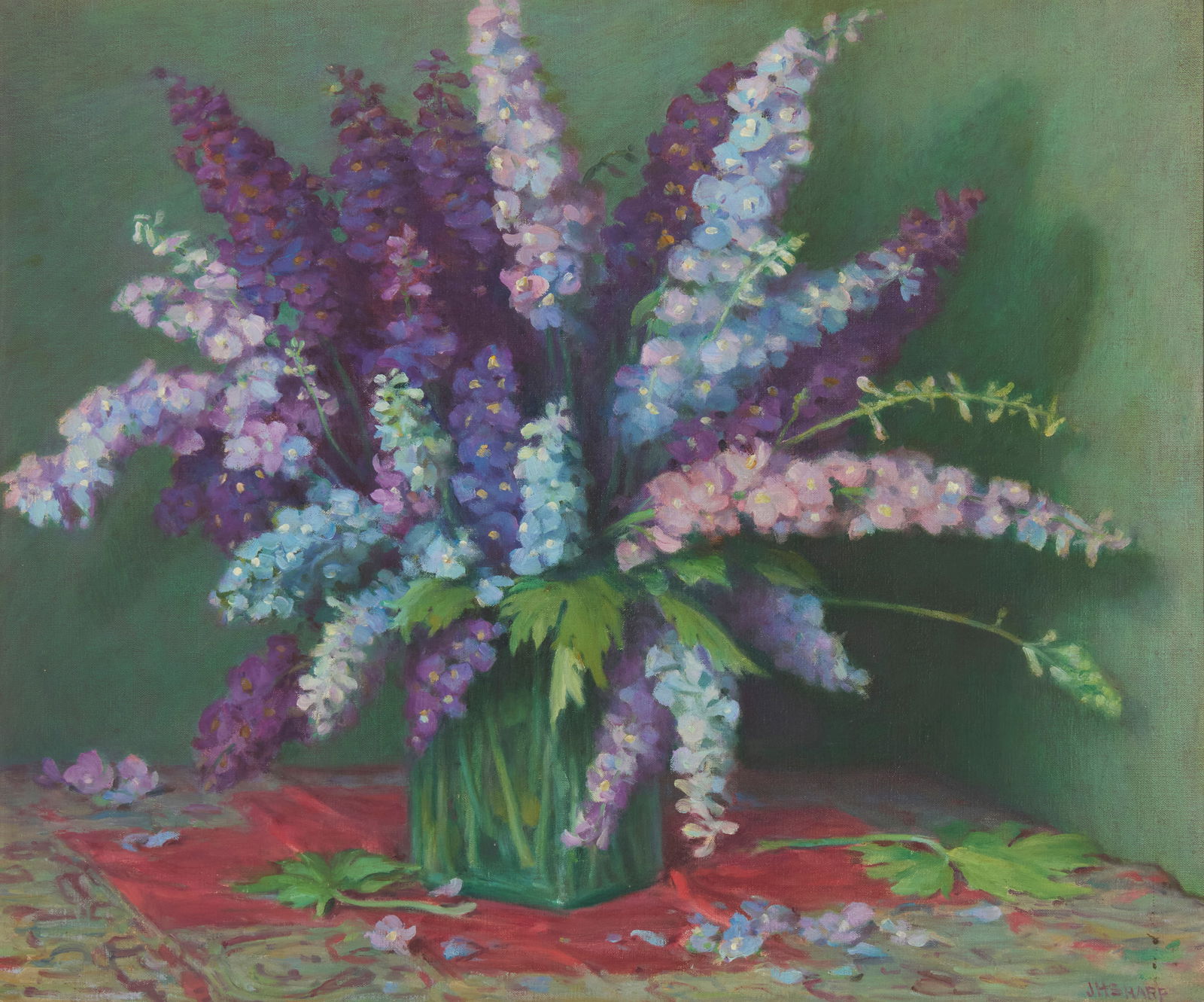 Joseph Henry Sharp (1859-1953), "Delphiniums": Joseph Henry Sharp(1859-1953)"Delphiniums"Oil on canvasSigned lower right: JH Sharp; titled in pencil on the original backing board25" H x 30" W Provenance:Joyce and Ed Hackett, purchased